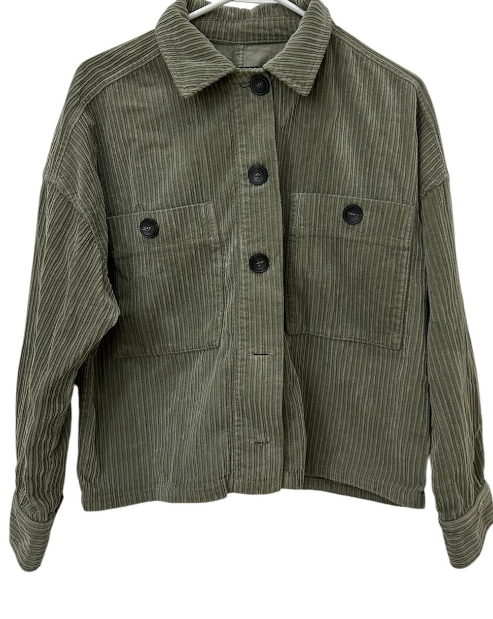 Zara Corduroy Overshirt Jacket Khaki Gray Cropped Boxy Button Front Pocket XS